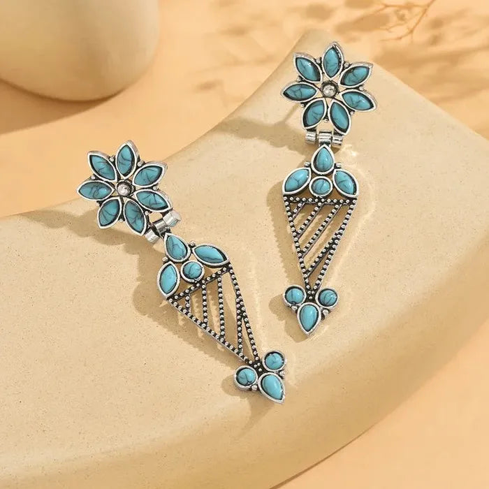 Retro Bohemian Hollow Flower Turquoise Drop Earrings Zinc Alloy for Women