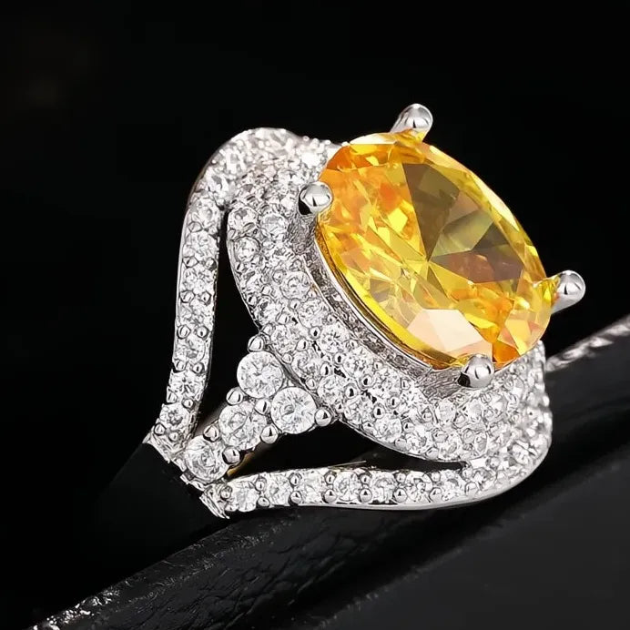 Luxury Yellow & White Oval Cubic Zirconia Cocktail Ring Jewelry