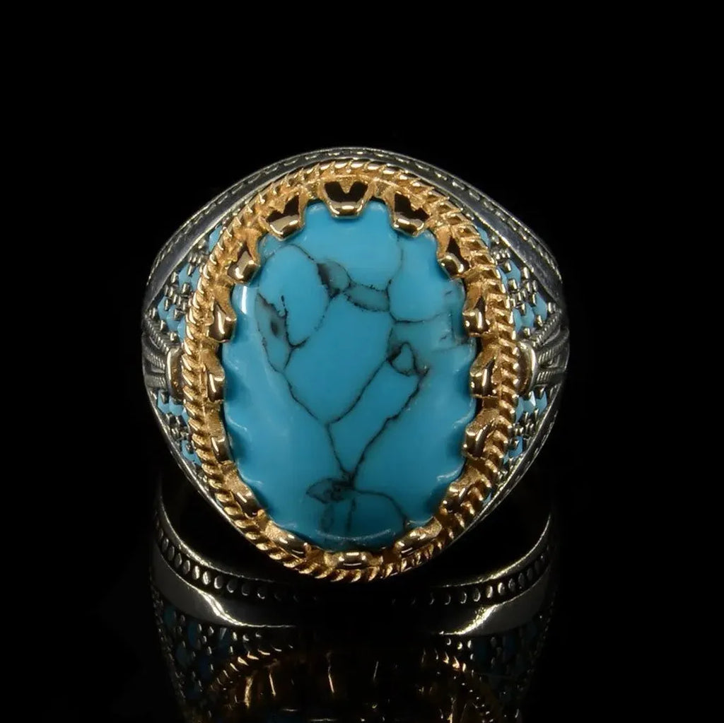 Men's Punk Electroplating Two-Color Turquoise Ring Zinc Alloy Resin Retro Style