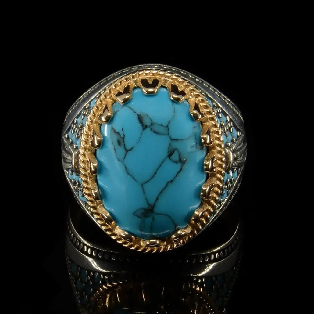 Men's Punk Electroplating Two-Color Turquoise Ring Zinc Alloy Resin Retro Style
