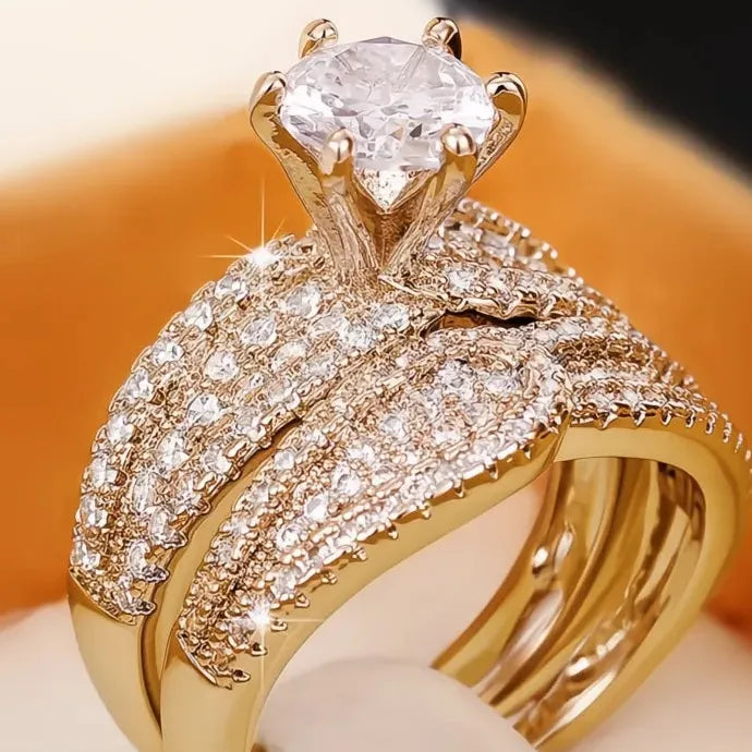 2Pcs Silver & Gold CZ Rings Set Bridal Wedding Jewelry Full Bling Luxury