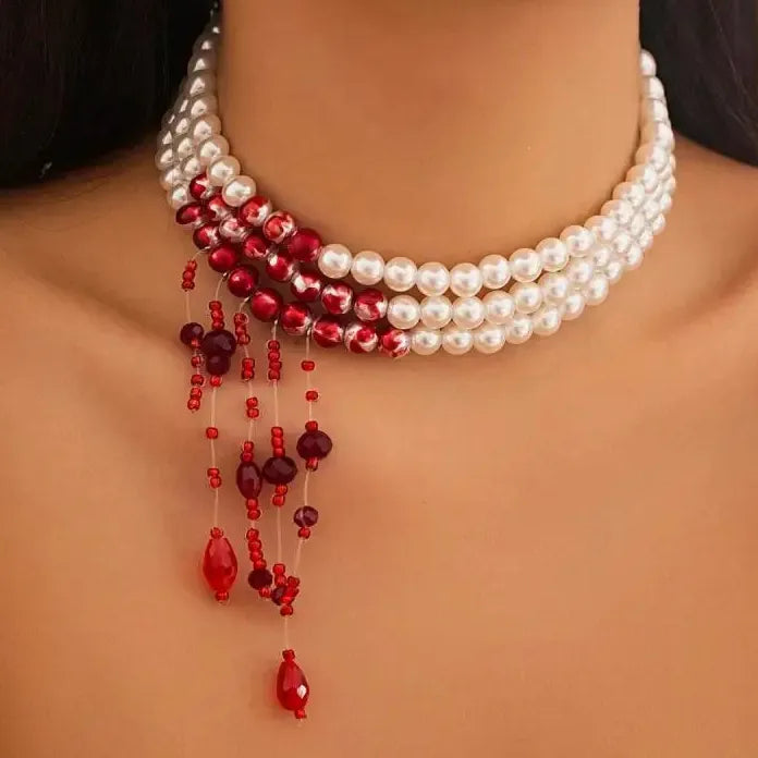 Vintage Red Blood Pattern Imitation Pearl Tassel Pendant Necklace for Women Goth Jewelry