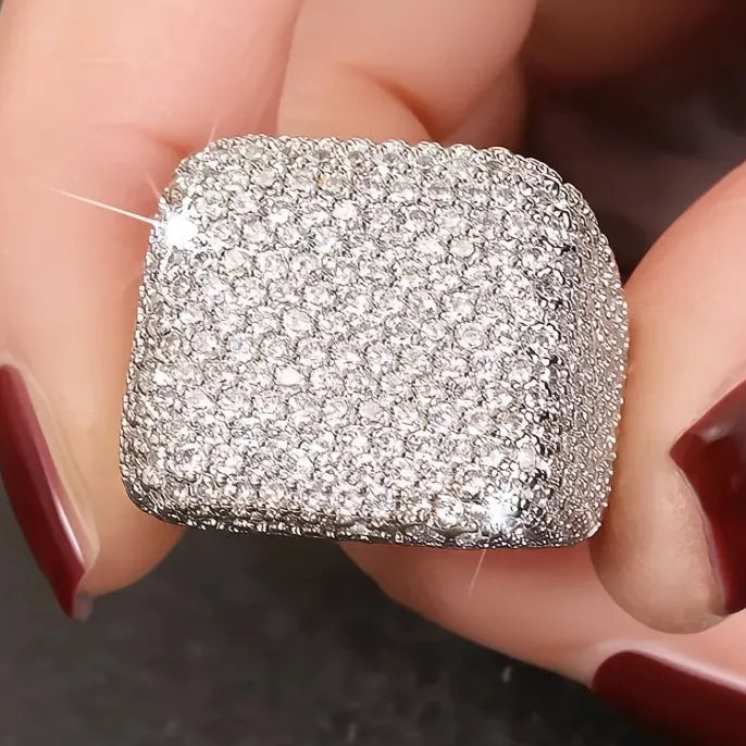Square Shaped Women’s Ring with Shining Cubic Zirconia Brass Cocktail Jewelry Gift