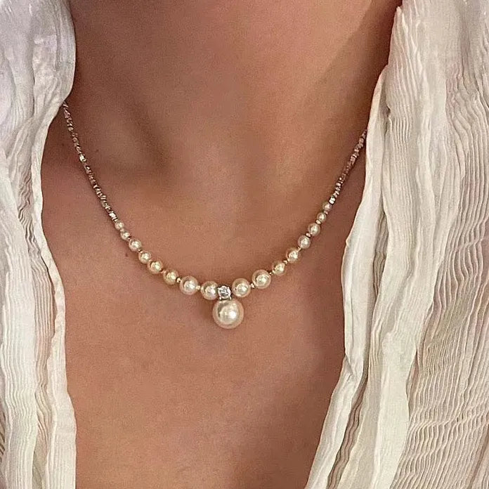 Pearl Droplet Necklace for Women Minimalist Geometric Circle Collarbone Jewelry