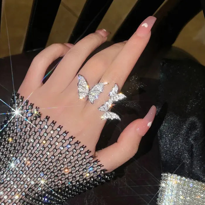 Adjustable Luxury Silver Butterfly Zircon Ring for Women Fashion Jewelry