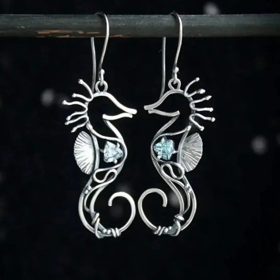 Silvery Metal Seahorse Drop Earrings Women’s Blue Zircon Zinc Alloy Jewelry