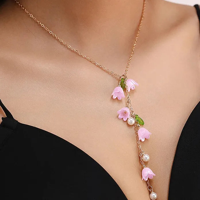 Tassel Valley Vintage Y-Shaped Lily Flower Pearl Pendant Necklace for Women