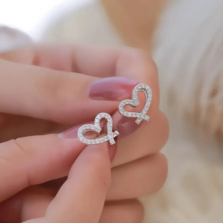 Geometric CZ Crystal Heart Stud Earrings for Women Silver Gift