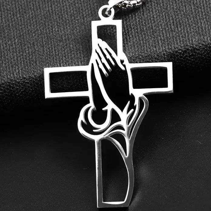 Stainless Steel Cross Pendant Necklace Men Hiphop Punk Pray Hands Gift