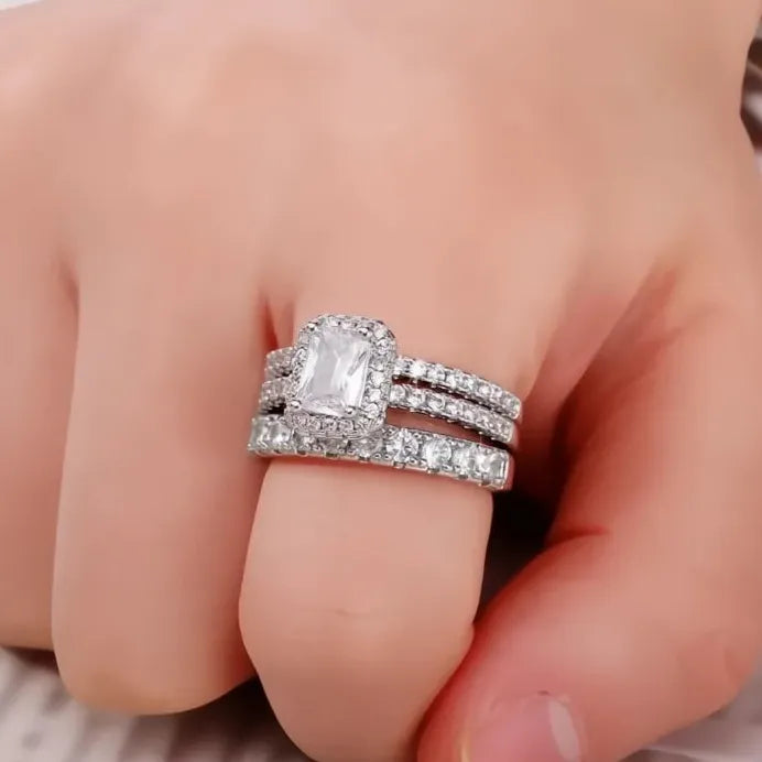 2023 Women’s Geometric Square Cubic Zirconia 3-Piece Wedding Ring Set