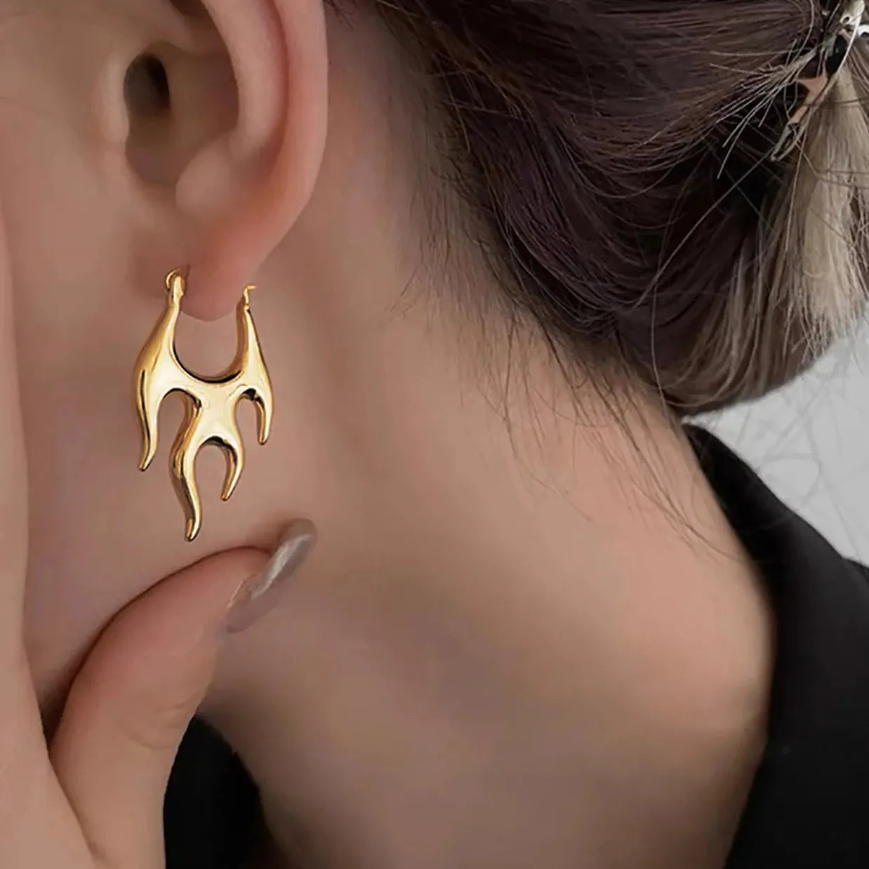 Gold Color Geometric Flame Hoop Earrings for Women Punk Fashion Jewelry