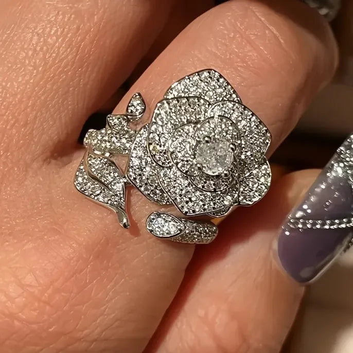 Adjustable Flower Cubic Zirconia Brass Ring for Women Wedding Party Jewelry