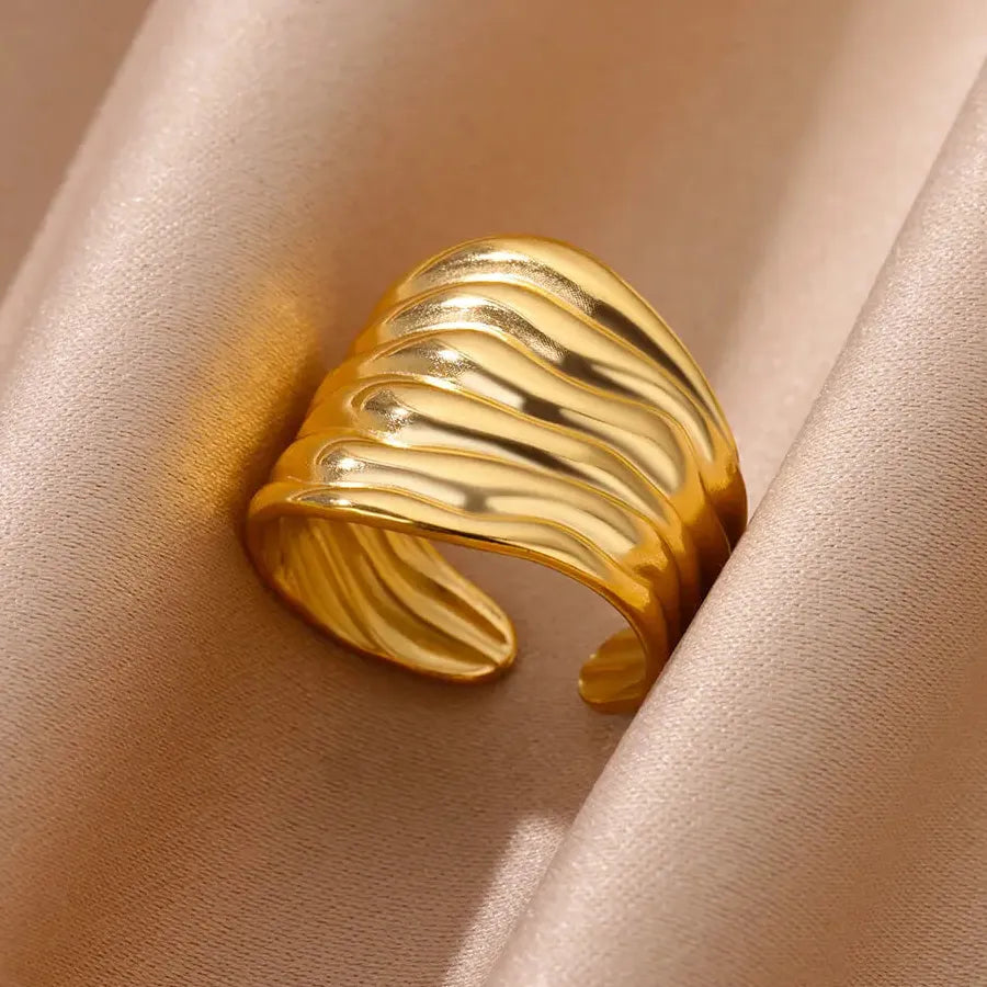Gold Stainless Steel Irregular Geometric Chunky Wedding Band Ring for Women