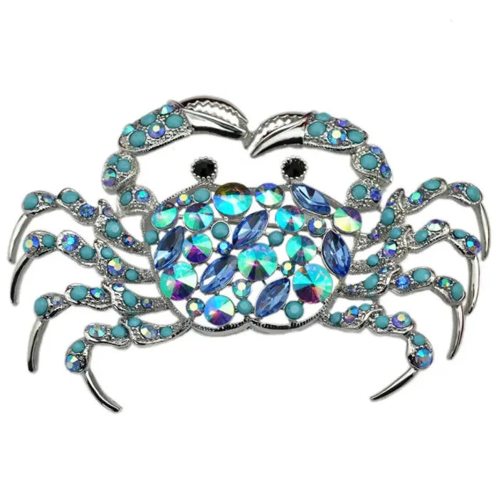 Silver-Tone Crab Brooch Pin with Blue Rhinestone for Women
