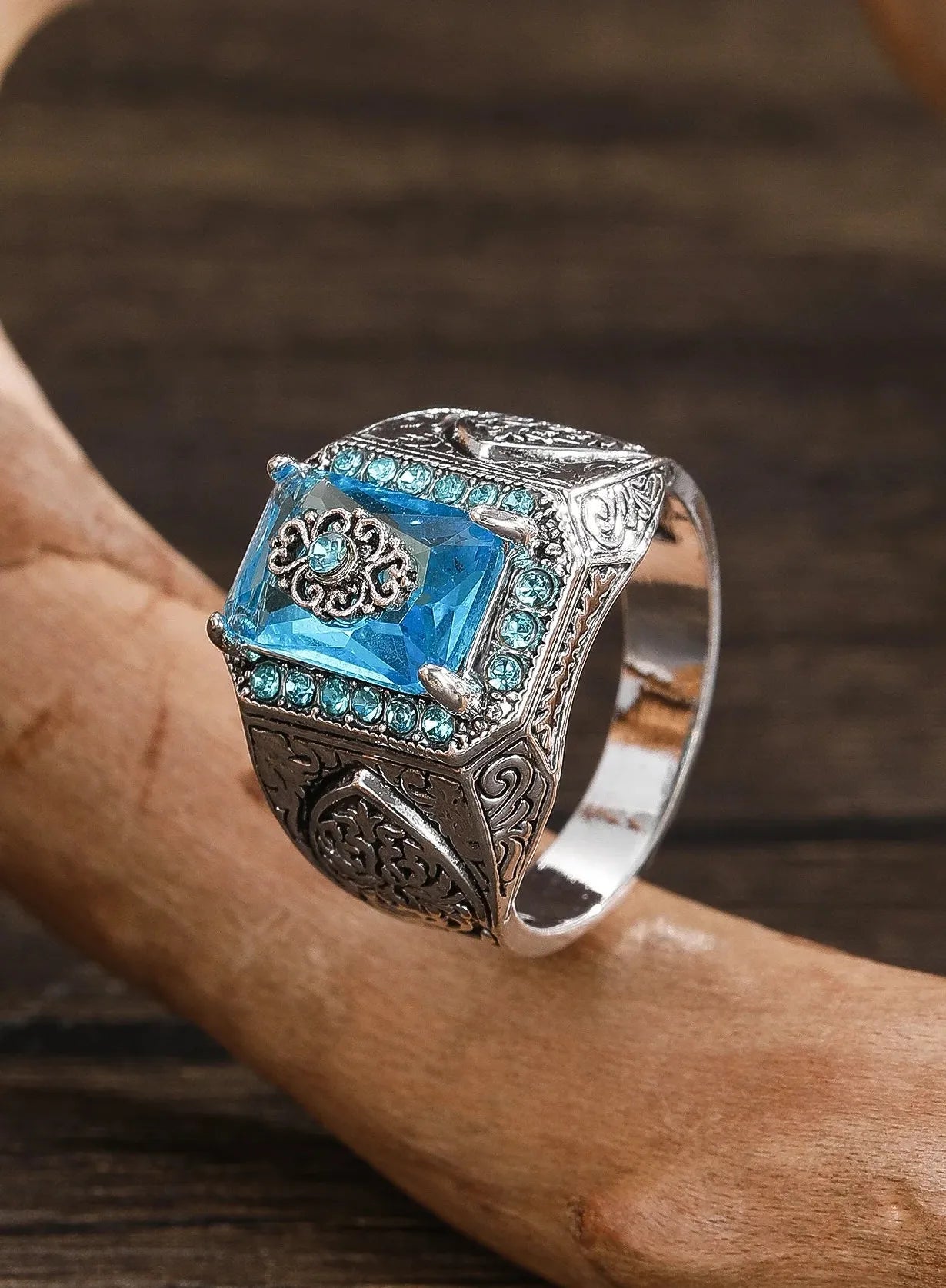 Retro Handmade Turkish Men’s Silver Zinc Alloy Ring with Zircon Inlay