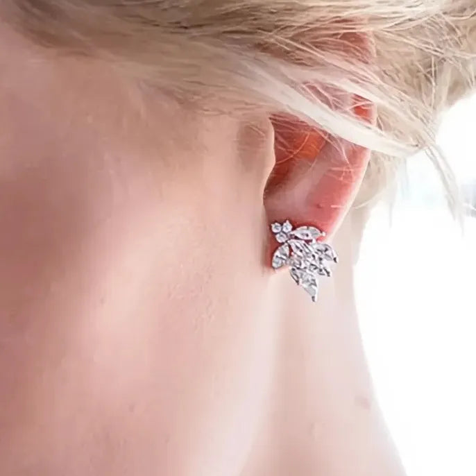 Delicate Leaf Shaped Cubic Zirconia Stud Earrings for Women Silver Color Bridal Wedding Jewelry