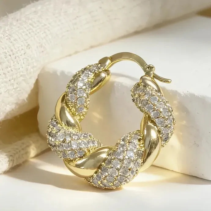 Chunky Twist Gold Cubic Zirconia Huggie Earrings Copper Alloy Geometric Drop