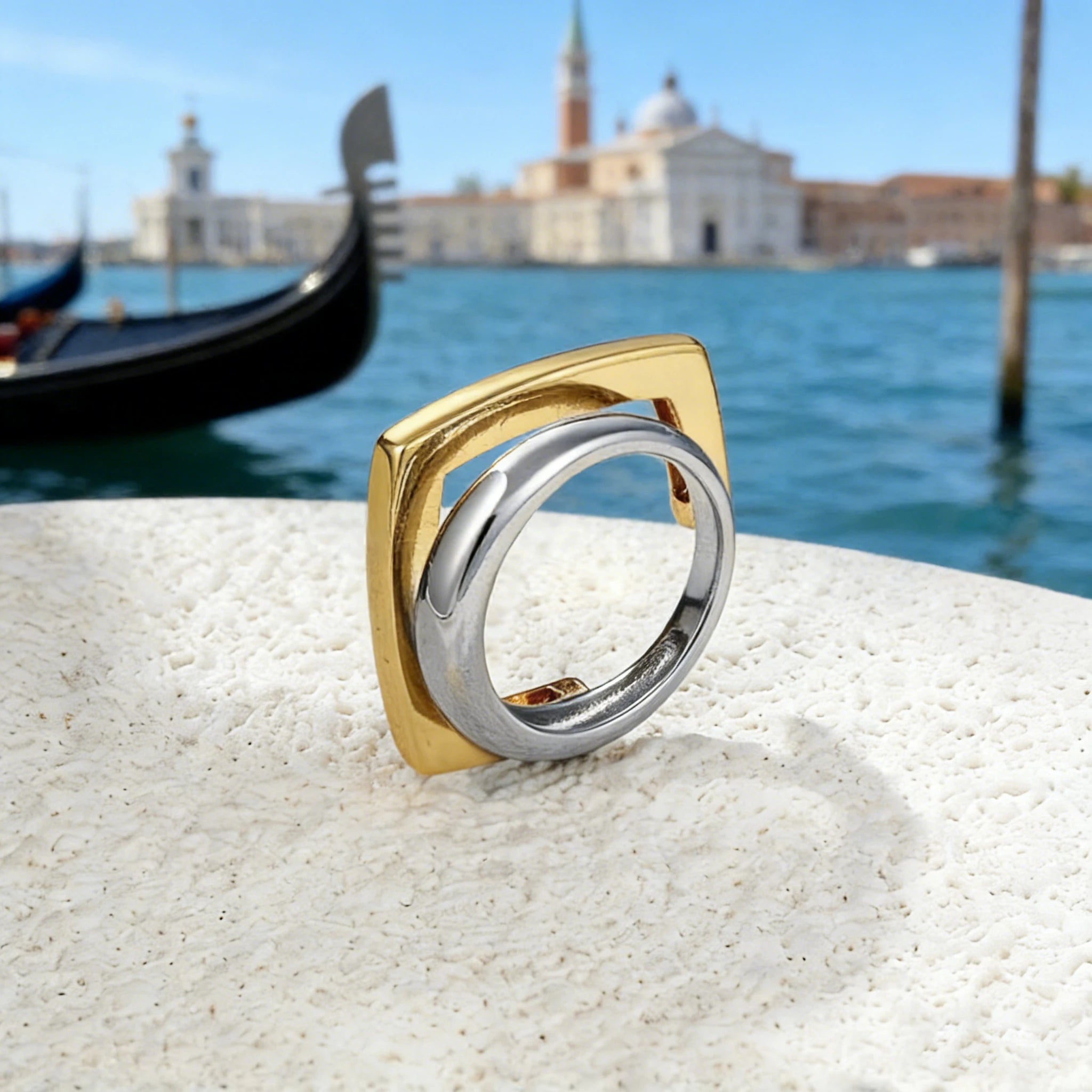 18k Gold Plated Stainless Steel Geometric Double-Layer Ring for Women