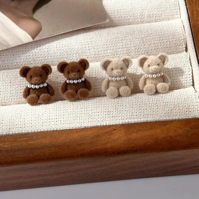 Flocking Plush Pearl Bear Stud Earrings Zinc Alloy Animal Jewelry for Women