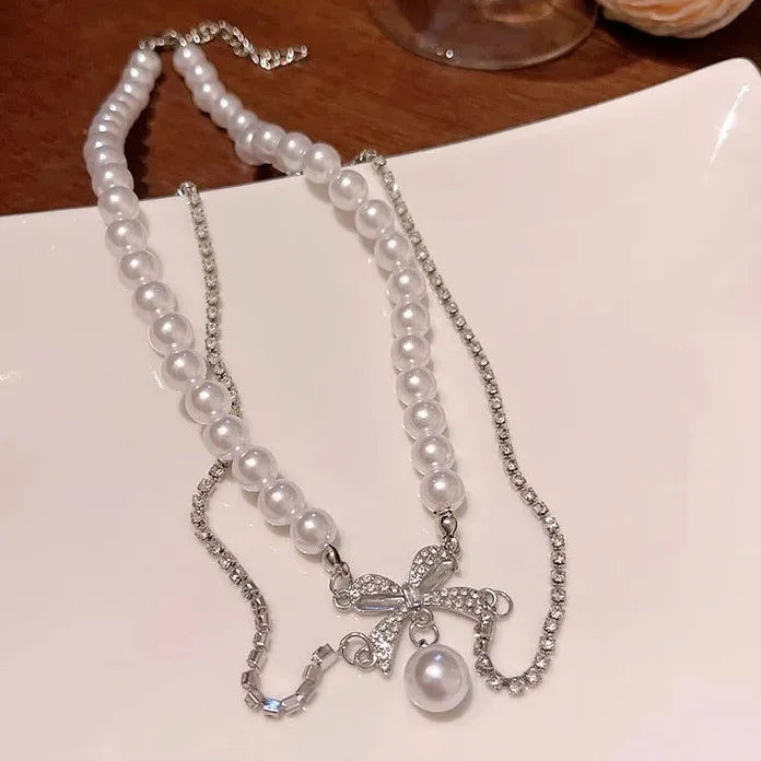 Pearl Bow Pendant Necklace Y2K Zircon Beads Tassel Double Clavicle Choker Gift