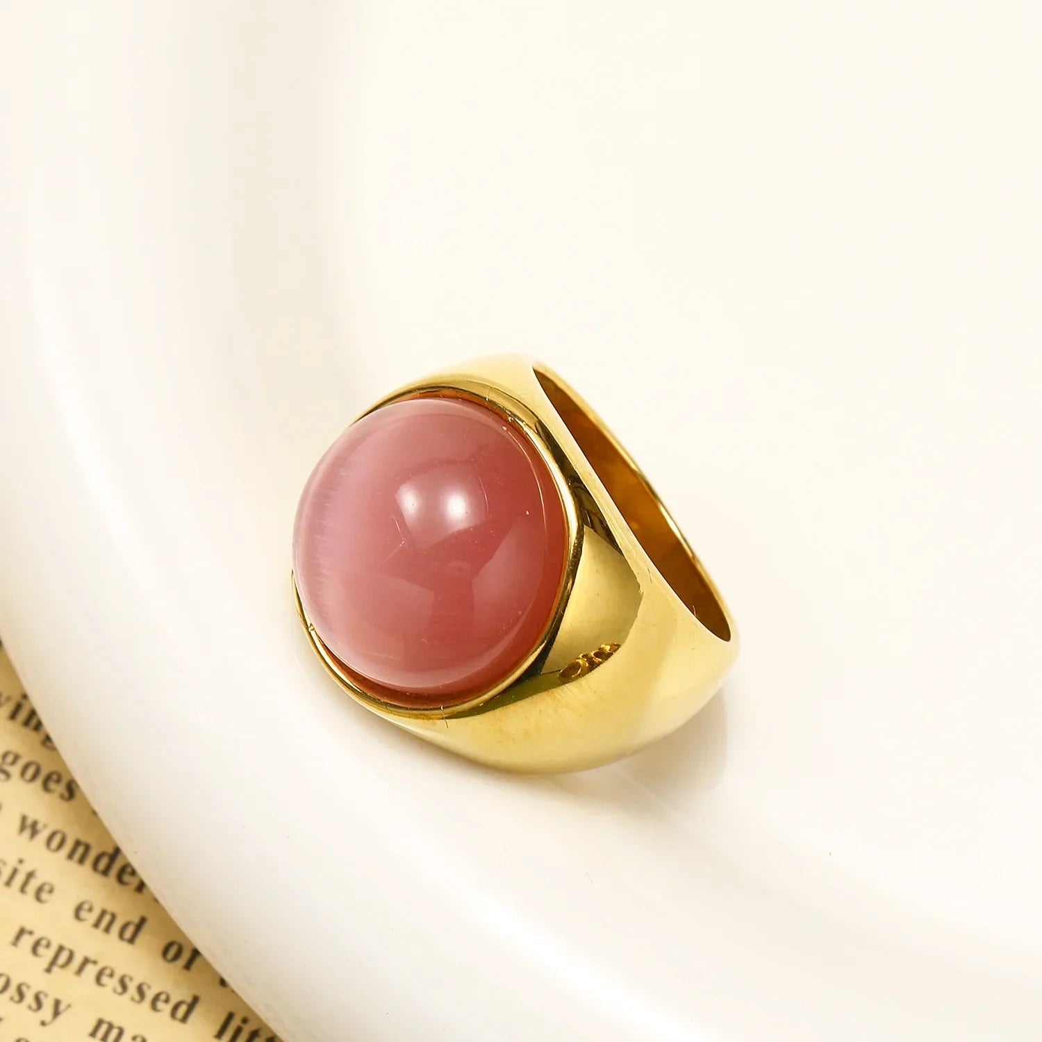 18K Gold Plated Stainless Steel Opal Ring Chunky Geometric Wedding Band Hypoallergenic
