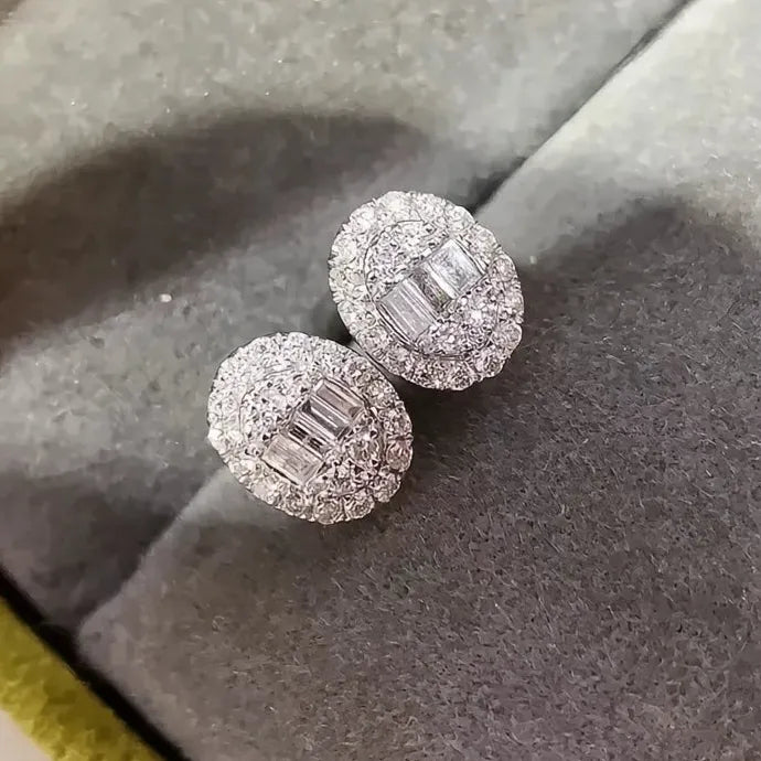 Oval Geometric Brass Stud Earrings with Cubic Zirconia for Women