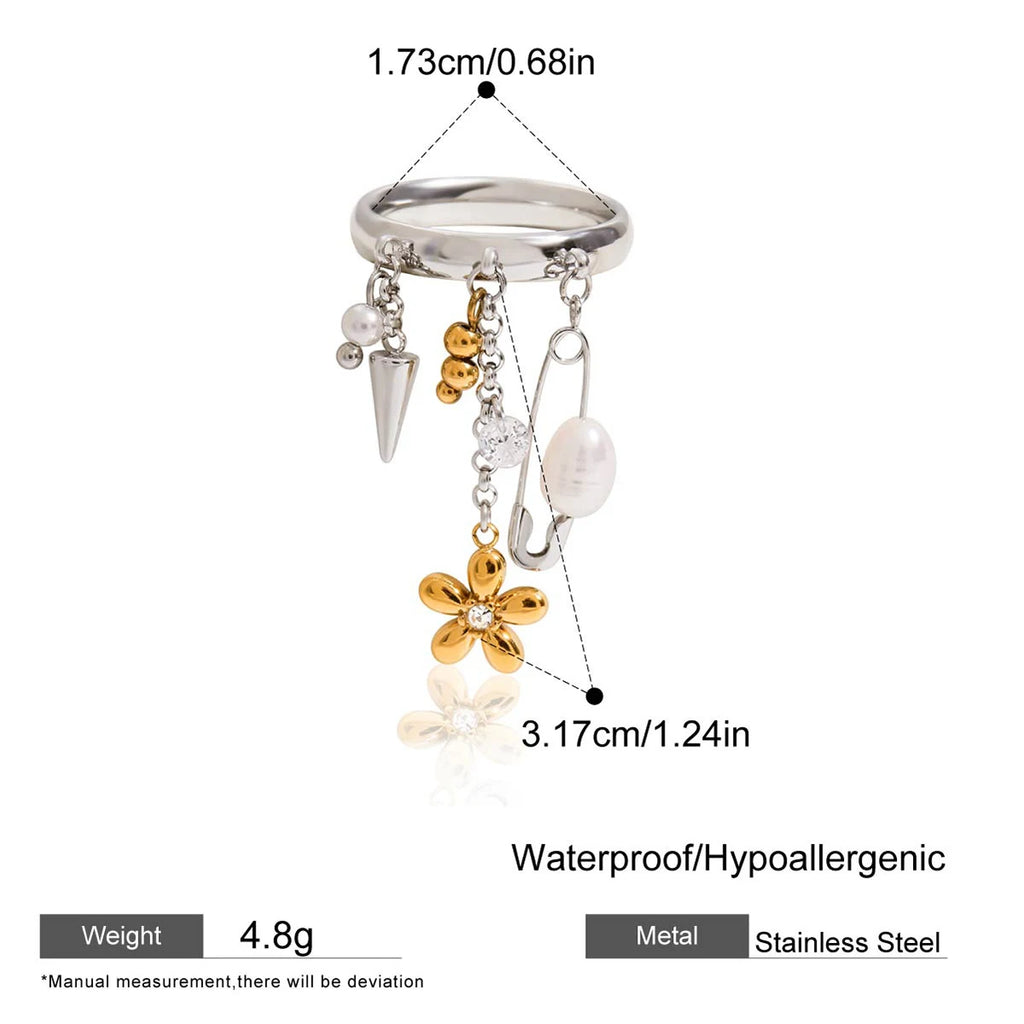 18K Gold Plated Stainless Steel Daisy Flower Safety Pin Round Bead Chain Ring
