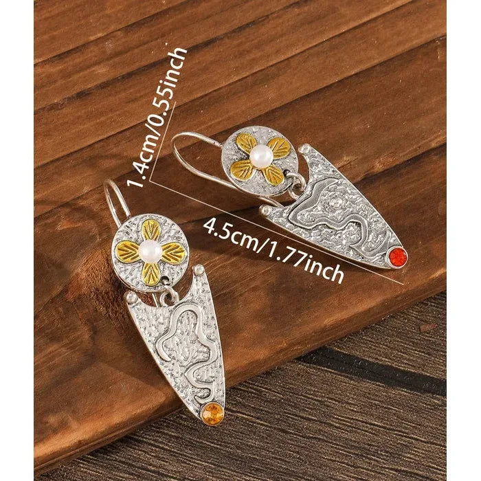 Retro Geometric Carved Pattern Zinc Alloy Drop Earrings with Imitation Pearls for Anniversaries and Birthdays