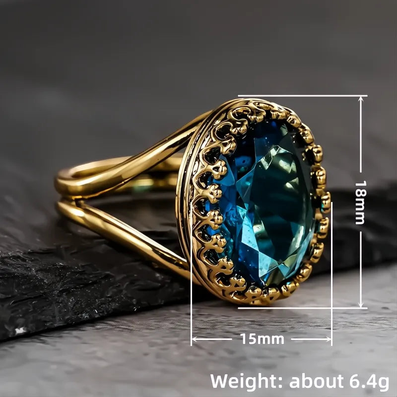 Luxury Gold Color Women Ring with Shiny Oval Blue Cubic Zirconia Elegant Wedding Jewelry