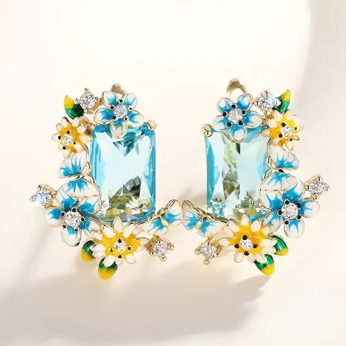 Blue Yellow Flower Enamel Drop Earrings with Sky Blue CZ Cubic Zirconia Brass Jewelry for Women Wedding Party