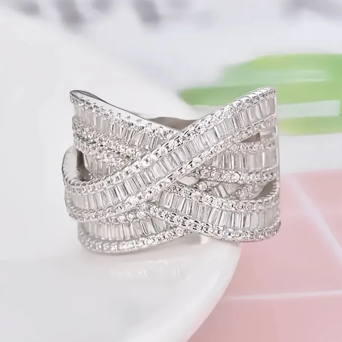 Brass Cubic Zirconia Cross Wedding Band Ring for Women Stylish Jewelry
