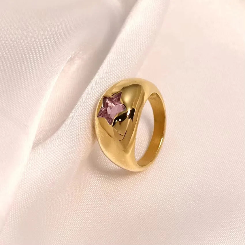 18K Gold Plated Stainless Steel Star Ring for Women Pink Zircon Dome Band