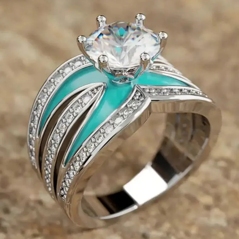 2025 Women's Silver Enamel Flower Ring Luxury Cubic Zirconia Jewelry Gift