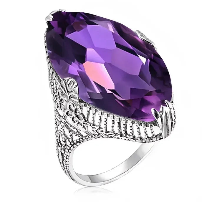Big Marquise Purple Cubic Zirconia Brass Hollow Flower Ring for Women Wedding