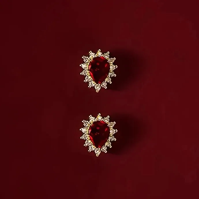 Bright Red Water Drop CZ Stud Earrings Copper Alloy Luxury Wedding Gift