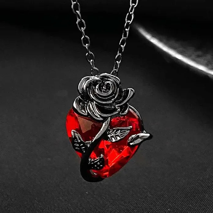 Gothic Red Heart Pendant Necklace Punk Love Flower Choker Y2K Jewelry