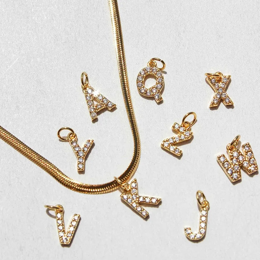 Stainless Steel Zircon Letter Pendant Necklace Flat Snake Chain Choker