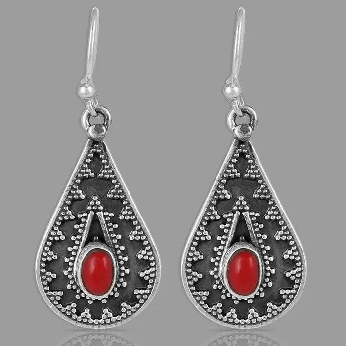 Bohemian Red Synthetic Stone Drop Earrings Women’s Retro Carved Geometric Jewelry