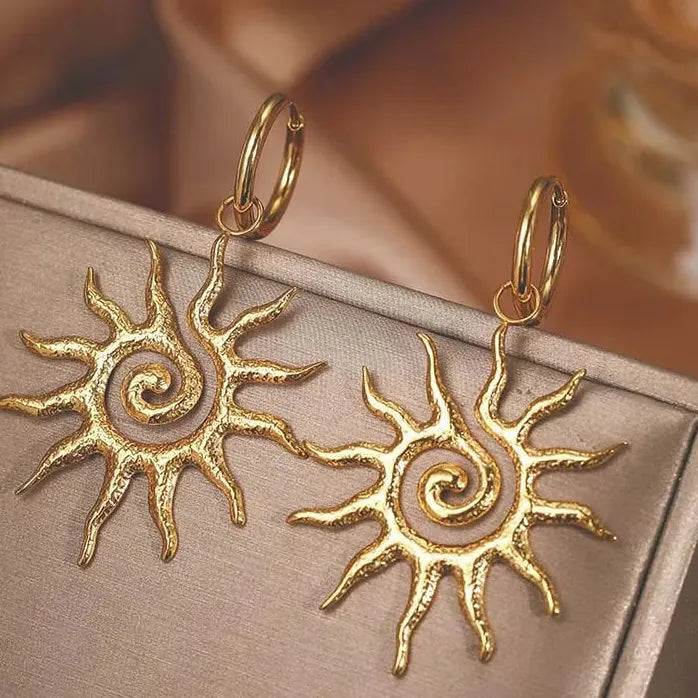 Vintage Stainless Steel Spiral Sunflower Drop Earrings for Women Gold Silver