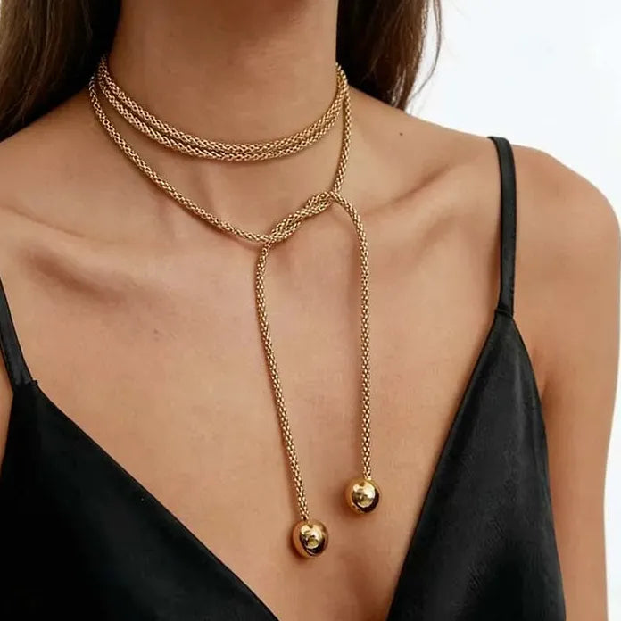 Stainless Steel Round Ball Pendant Necklace for Women Vintage Gold Layered Adjustable Chain