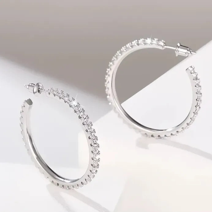 Elegant Women's Silver Geometric Hoop Earrings with Cubic Zirconia Sparkle