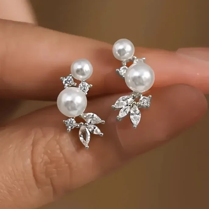 Women's Silver & Gold Geometric Stud Earrings with Simulated Pearls