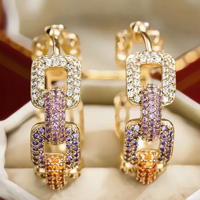 Geometric Chain Link Women Hoop Earrings Multi-Color CZ Copper Alloy