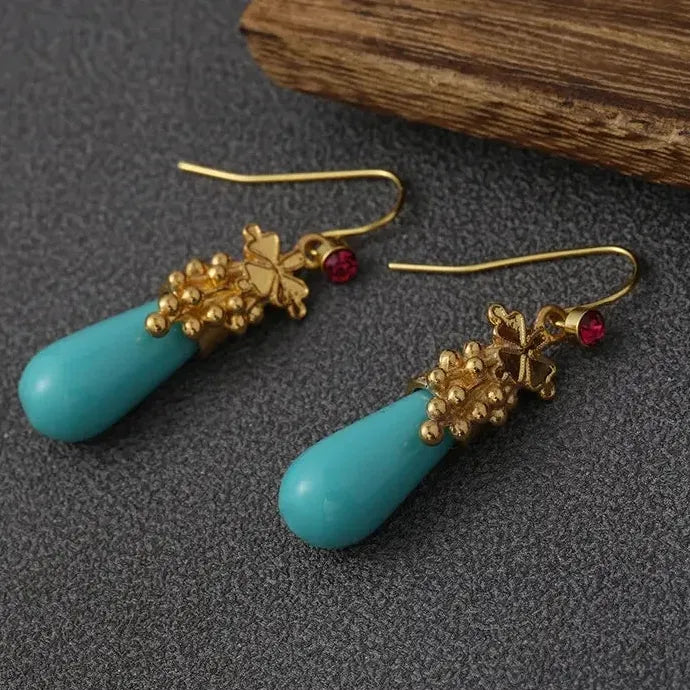 Waterdrop Green Stone Dangle Earrings for Women Gold Color Zinc Alloy Jewelry