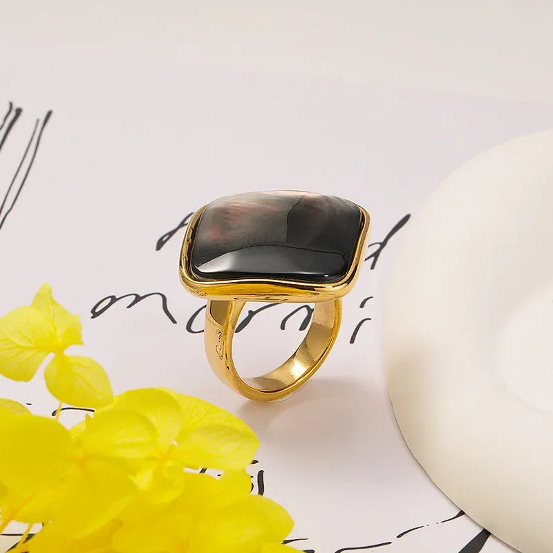 Oversize Natural Abalone Shell Ring for Women 18K Gold Plated Stainless Steel