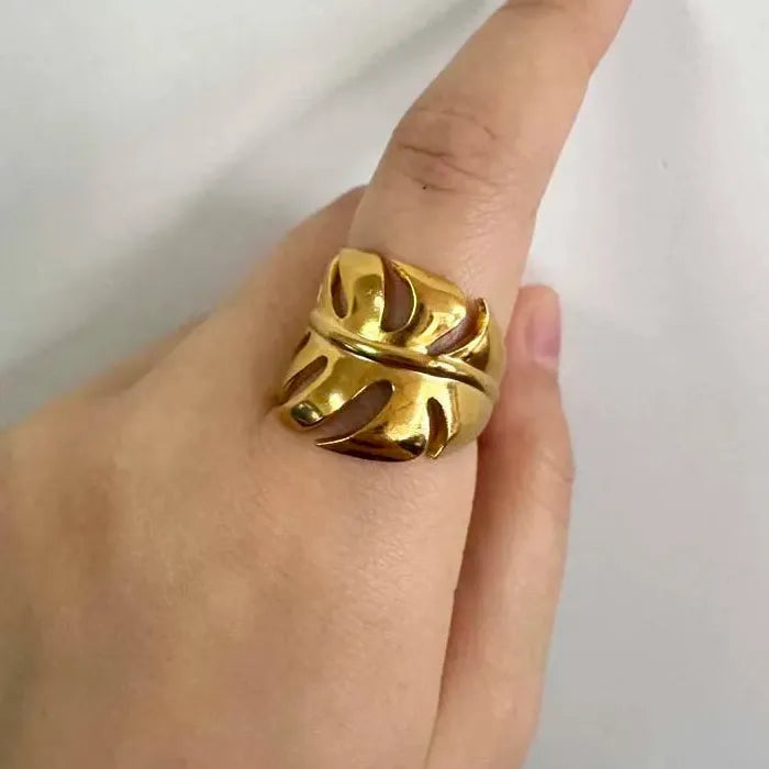 Stainless Steel Leaf Geometric Multi-Layer Open Cocktail Ring for Women Jewelry