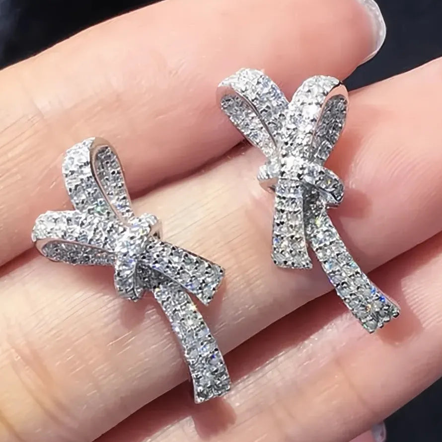 Luxury Geometric Cubic Zirconia Bow Stud Earrings Copper Alloy Women