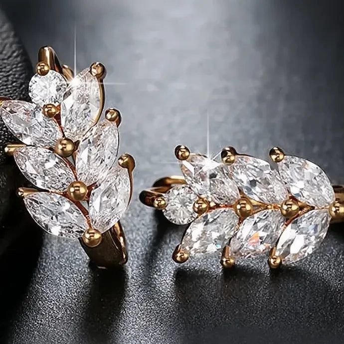 Leaf Shape Hoop Earrings with Marquise White Cubic Zirconia, Brass Alloy