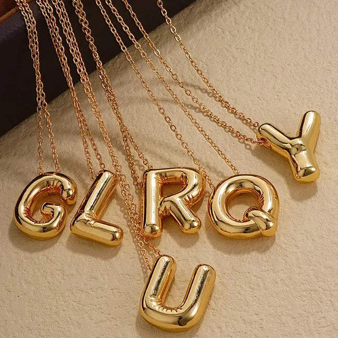 Gold Plated Stainless Steel Chunky Bubble Letter Initial Pendant Necklace