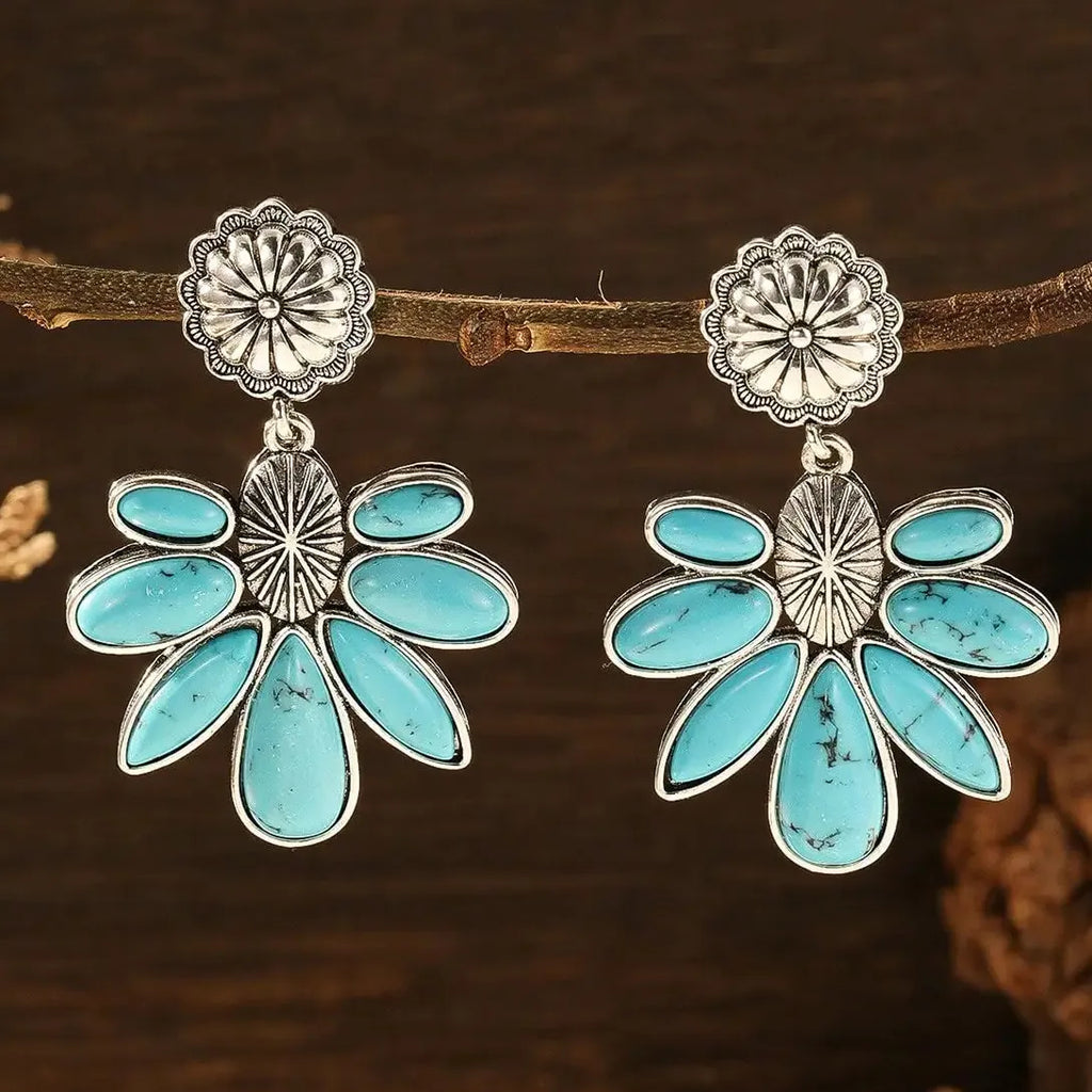 Vintage Tribal Ethnic Blue Rose Red Gemstone Zinc Alloy Earrings for Women